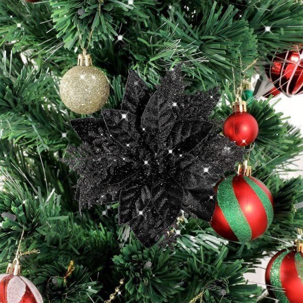 Decor 24Pcs Christmas Glitter Poinsettia Flowers, Artificial Christmas Flower with Clips Glitter Christmas Tree Ornaments for Wedding Party Holiday Wreath Table Decoration